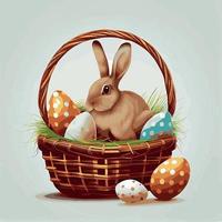 Festive basket with cute rabbit and easter orthodox eggs on a light background - Vector