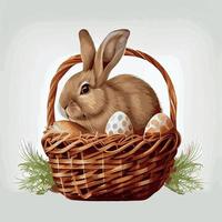 Festive basket with cute rabbit and easter orthodox eggs on a light background - Vector