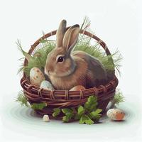 cesta festiva con lindo conejo y huevos ortodoxos de pascua sobre un fondo claro - vector