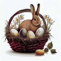 Festive basket with cute rabbit and easter orthodox eggs on a light background - Vector