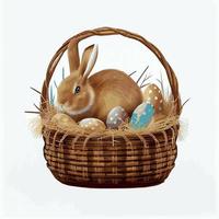 cesta festiva con lindo conejo y huevos ortodoxos de pascua sobre un fondo claro - vector