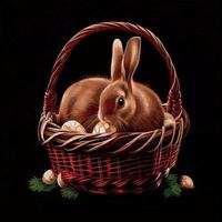 Festive basket with cute rabbit and easter orthodox eggs on dark background - Vector