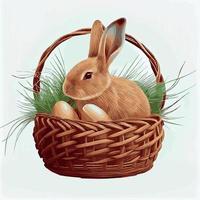 Festive basket with cute rabbit and easter orthodox eggs on a light background - Vector