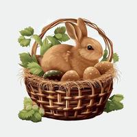 cesta festiva con lindo conejo y huevos ortodoxos de pascua sobre un fondo claro - vector