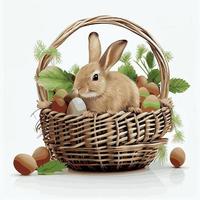 cesta festiva con lindo conejo y huevos ortodoxos de pascua sobre un fondo claro - vector