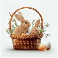 Festive basket with cute rabbit and easter orthodox eggs on a light background - Vector