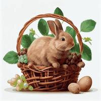 cesta festiva con lindo conejo y huevos ortodoxos de pascua sobre un fondo claro - vector