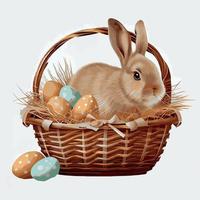 cesta festiva con lindo conejo y huevos ortodoxos de pascua sobre un fondo claro - vector