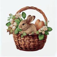 cesta festiva con lindo conejo y huevos ortodoxos de pascua sobre un fondo claro - vector