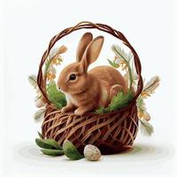 cesta festiva con lindo conejo y huevos ortodoxos de pascua sobre un fondo claro - vector