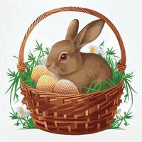 cesta festiva con lindo conejo y huevos ortodoxos de pascua sobre un fondo claro - vector