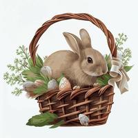 cesta festiva con lindo conejo y huevos ortodoxos de pascua sobre un fondo claro - vector