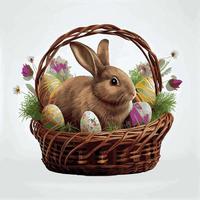 Festive basket with cute rabbit and easter orthodox eggs on a light background - Vector