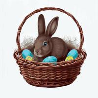 Festive basket with cute rabbit and easter orthodox eggs on a light background - Vector