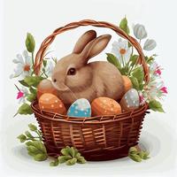 cesta festiva con lindo conejo y huevos ortodoxos de pascua sobre un fondo claro - vector