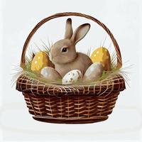 cesta festiva con lindo conejo y huevos ortodoxos de pascua sobre un fondo claro - vector