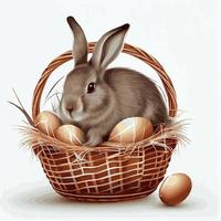 cesta festiva con lindo conejo y huevos ortodoxos de pascua sobre un fondo claro - vector