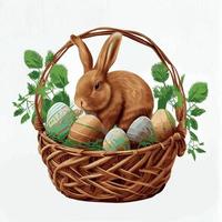 cesta festiva con lindo conejo y huevos ortodoxos de pascua sobre un fondo claro - vector