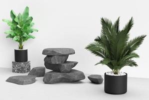 Stone rock leaf plant flora green color natural empty mock up product luxury minimal organic spa podium template design modern presentation fashion relaxation copy space business banner.3d render photo