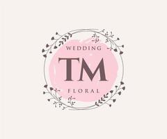 TM Initials letter Wedding monogram logos template, hand drawn modern minimalistic and floral templates for Invitation cards, Save the Date, elegant identity. vector
