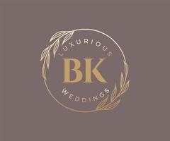 Plantilla de logotipos de monograma de boda con letras iniciales bk, plantillas florales y minimalistas modernas dibujadas a mano para tarjetas de invitación, guardar la fecha, identidad elegante. vector