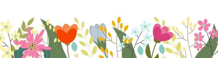 Spring flowers background. Flat design. Hand drawn trendy vector greeting card.