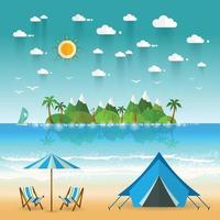 paisaje de la costa del paraíso con montañas. concepto de vacaciones de campamento de verano en estilo plano vector