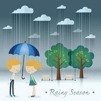 boy gift umbrella girl ,rainy season in park vector