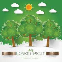 template Set of Green Forest, trees and bushes pop up paper cut style vector