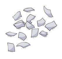 Paper files of documents fall down. Flying sheets. Blank sheet. Office element. Thrown object. White trash. Cartoon outline illustration vector