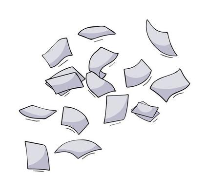 Paper files of documents fall down. Flying sheets. Blank sheet. Office element. Thrown object. White trash. Cartoon outline illustration