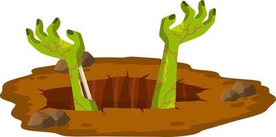 Grave. Hole in brown ground. Green hands of dead zombie. Element of Halloween. Bones and rotting corpse. Scary illustration. Flat cartoon vector