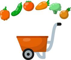 Red farmer cart with vegetables. Pepper, tomato, carrot, cucumber. Fresh food and harvest. Rustic element and red wheelbarrow. Cartoon flat illustration vector