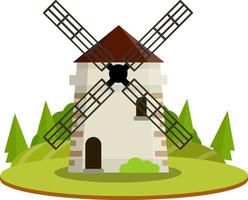 Village windmill. Production of flour from grain. Rural landscape. Rustic summer season. Natural food in the countryside. Cartoon flat illustration. Green field, hill and forest. Dutch mill vector
