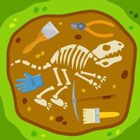 Dinosaur skeleton. Bones of a prehistoric lizard. Land in the section. Soil with layers. Historical find and archaeological excavations. Flat cartoon landscape vector