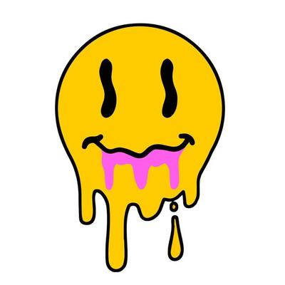 Acid smile face. Melted rave and techno symbol of 90s. Pink brush stroke