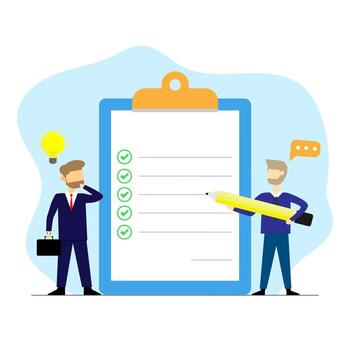 hombre de negocios de concepto vectorial pensando con lista de verificación de trabajo, hombre de carácter plano con lista de verificación de negocios objetivo vector