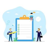 Vector concept businessman stand thinking with working checklist,Flat character man with goal business checklist