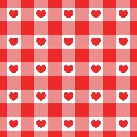 Red and white gingham seamless pattern with hearts. Checkered Valentine day texture for picnic blanket, tablecloth, plaid. Fabric geometric background, retro textile design vector