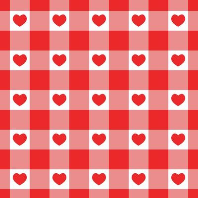 Red and white gingham seamless pattern with hearts. Checkered Valentine day texture for picnic blanket, tablecloth, plaid. Fabric geometric background, retro textile design