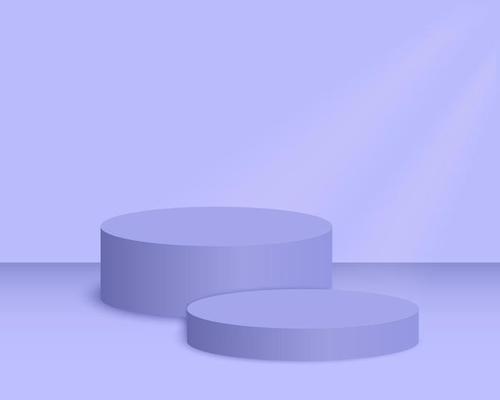 Round purple podiums. Empty pedestal mockup in trendy very peri colors for product presentation. Clean cylindrical showcase platform