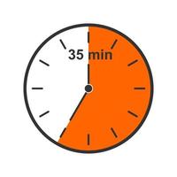 icono de reloj con intervalo de tiempo de 35 minutos. temporizador de cuenta regresiva o símbolo de cronómetro aislado en fondo blanco. elemento infográfico para cocina o juego deportivo. vector