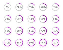 barras de carga redondas con números de porcentaje divididos en segmentos del 1 al 20. conjunto de símbolos de progreso, espera o descarga. elementos de animación infográficos para la interfaz del sitio web vector