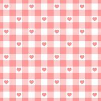 Pink and white gingham seamless pattern with hearts. Checkered Valentine day texture for picnic blanket, tablecloth, plaid. Fabric background, retro vichy design vector