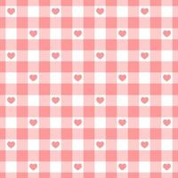 Pink and white gingham seamless pattern with hearts. Checkered Valentine day texture for picnic blanket, tablecloth, plaid. Fabric background, retro vichy design vector