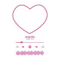 Music player interface with buttons, loading bar, sound wave sign and heart shaped frame for album photo. Trendy song plaque, template for romantic Valentine day gift vector