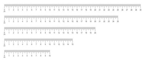 Scale of ruler with numbers set. Horizontal measuring chart with 30, 25, 20, 25, 10 centimeters markup. Distance, height or length measurement math or sewing tool vector