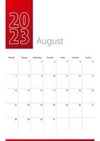 diseño de calendario de agosto de 2023. la semana comienza el lunes. plantilla de calendario vertical. vector