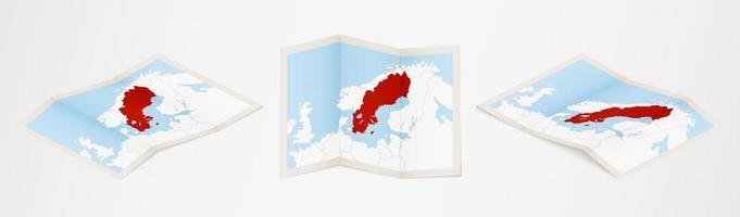 Folded map of Sweden in three different versions. vector
