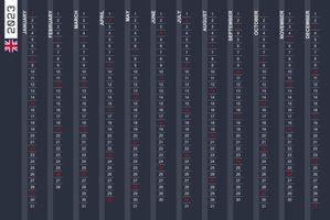 One-row vertical calendar for the year 2023 in English. English calendar for 2023 with highlighted Sundays. vector